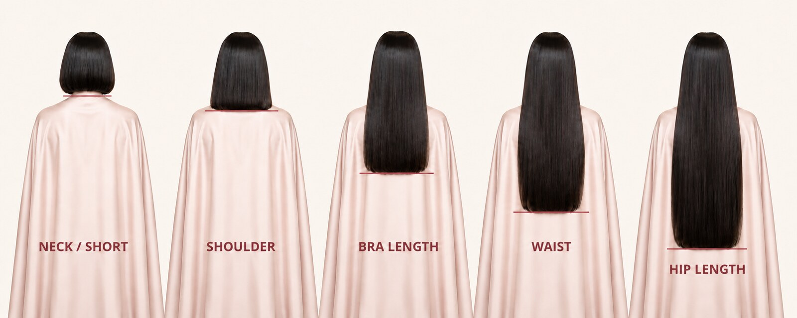 Hair length guide: Neck, Shoulder, Bra, Waist and Hip